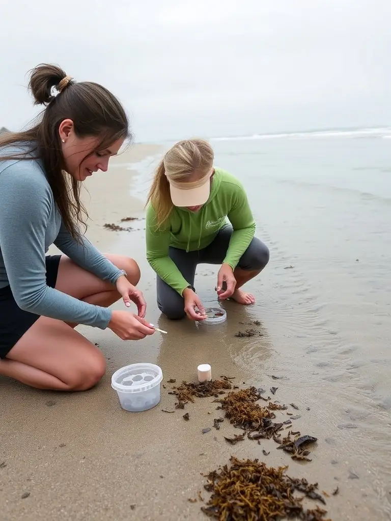 A picture of Surfrider members monitoring water quality at a local beach, collecting samples and analyzing data to identify pollution sources.