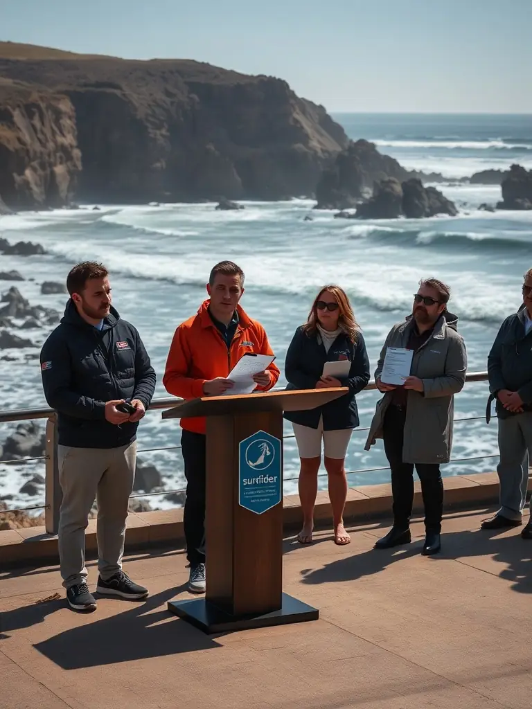 An image of Surfrider representatives presenting research findings to policymakers, advocating for stronger environmental regulations to protect coastal areas.