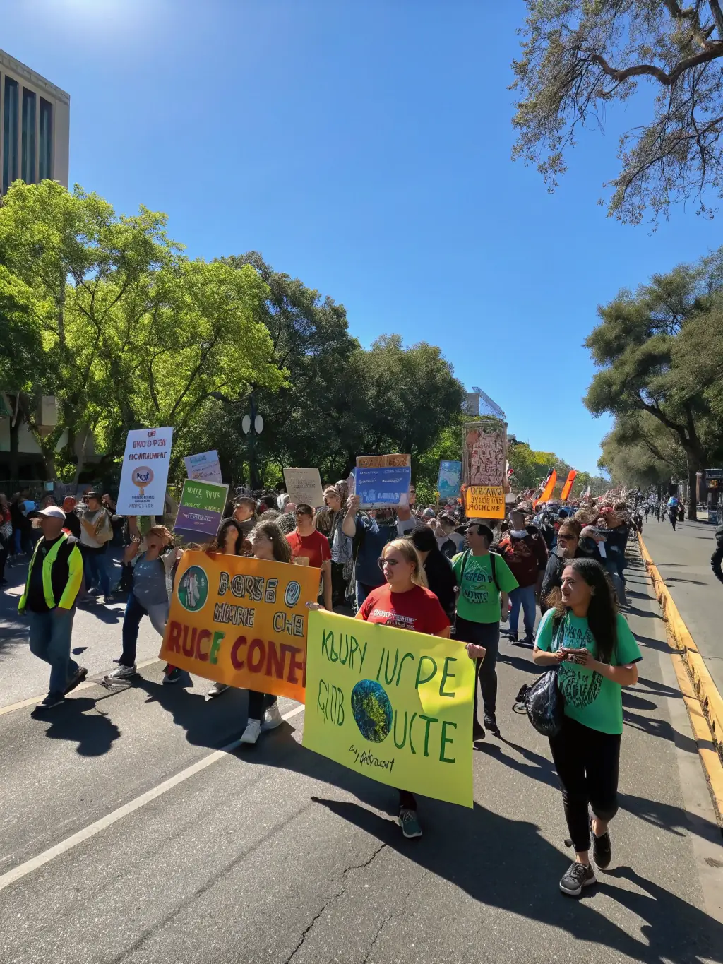 A visual representation of policy advocacy, showing people holding signs and protesting against harmful environmental practices, highlighting Surfrider Foundation Europe's role in policy change.