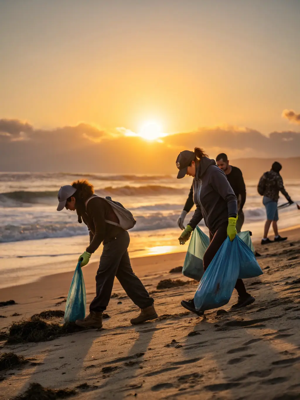 A photograph of Surfrider volunteers participating in a beach cleanup, removing plastic waste and debris from the shoreline. The image should convey a sense of community and environmental responsibility.