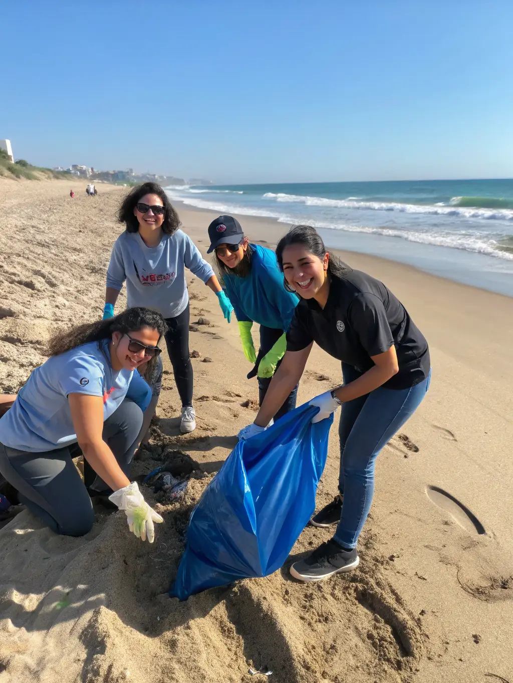 A vibrant image of volunteers participating in a beach cleanup, collecting plastic waste and debris, symbolizing Surfrider Foundation Europe's commitment to reducing marine pollution.